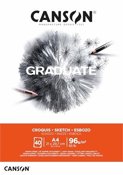 CANSON Graduate Light Grain 96 gsm A4 Eskiz Kağıt Pedi, Yapıştırılmış Kısa Taraf, 40 Doğal Beyaz Levha, Profesyonel Sanatçılar ve Öğrenciler için İdeal - Seçenekler: A4, A5