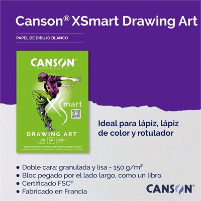 CANSON XSmart çizim kağıdı, beyaz, çift taraflı: dokulu ve yumuşak, 150 g/m², uzun taraflı yapışkan blok, A4 – 21 x 29,7 cm, beyaz, 40 yaprak