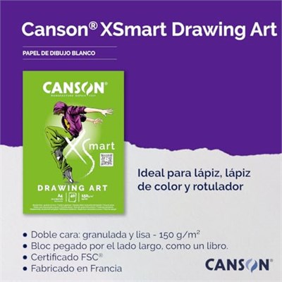 CANSON XSmart çizim kağıdı, beyaz, çift taraflı: dokulu ve yumuşak, 150 g/m², uzun taraflı yapışkan blok, A4 – 21 x 29,7 cm, beyaz, 40 yaprak