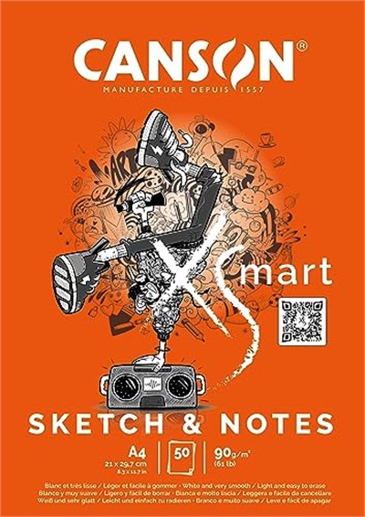 CANSON XSmart çizim kağıdı, beyaz, ince taneli, 90 g/m², uzun taraflı yapışkan blok, A4-21 x 29,7 cm, beyaz, 50 yaprak