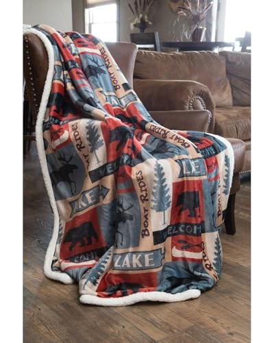 Carstens, Inc. Lake House Rustik Kabin Sherpa Muflon Büyük Battaniye, 137,2 cm x 172,7 cm, Mavi