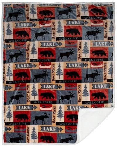 Carstens, Inc. Lake House Rustik Kabin Sherpa Muflon Büyük Battaniye, 137,2 cm x 172,7 cm, Mavi