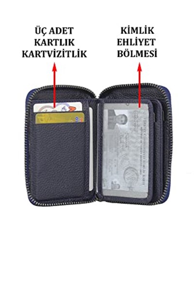 Case Club Hakiki Deri Fermuarlı Erkek Kartlık Ehliyet Kimlik ve Kağıt Para Bölmeli Lacivert