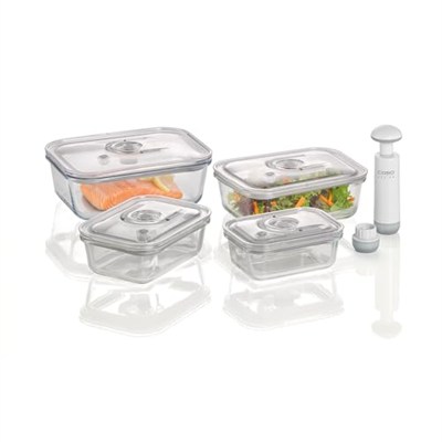 Caso 1197 VacuBoxx E-Set Vakum Kabı, 4 Adet, Vakumlu El Pompası Ve Adaptör Dahil, BPA İçermez