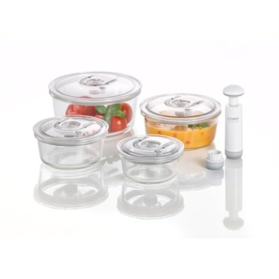 CASO VacuBoxx R-Set – 4 – borosilikat camdan son derece sağlam yuvarlak vakum kabı, BPA içermez, ısıya dayanıklı, bulaşık makinesinde yıkanabilir, dondurucuya uygun, tatsız, tam tarih ayarı