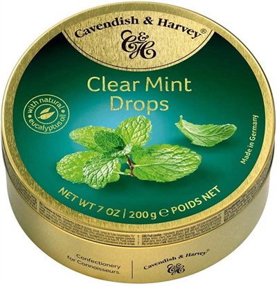 Cavendish & Harvey Clear Mint Drops, Doğal Ökaliptüs Yağlı Nane Aromalı Sert Şeker, Metal Kutu, 200 g