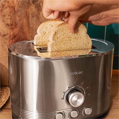 Cecotec Dikey Çelik Ekmek Kızartma Makinesi, Çift Kısa Yuvalı Shine&Toast Çiftli. 850W, 2 Tost Kapasitesi, 3,8 cm Genişliğinde Yuvalar, Işıklı Halka, 7 Tost Seviyesi, Üst Çubuklar