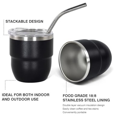 CHLJAR 4 oz İstiflenebilir Bardak, 4 Paket Mini Bardak Kamışlı, Vakum Yalıtımlı Espresso Kahve Fincanı, Parti içecekleri, Kahve, Kokteyl, Bar, Seyahat, Kamp, Siyah
