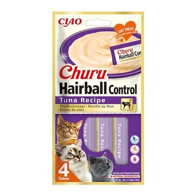 Churu Hairball Kontrolü - Saç toplarını önlemek için kedi atıştırmalıkları, sağlıklı sindirimi teşvik eder, ton balığı (4 adet x 14 g)