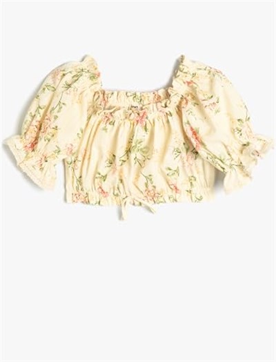 Çiçekli Crop Bluz Fırfır Detaylı Pamuklu