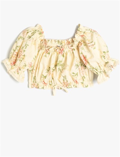 Çiçekli Crop Bluz Fırfır Detaylı Pamuklu