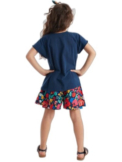Çiçekli Kedi Kız Çocuk T-shirt Poplin Şort Takım