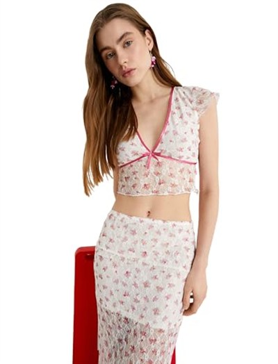 Çiçekli Tül Dantel Bluz Crop Fiyonk Detaylı Fırfırlı V Yaka Slim Fit