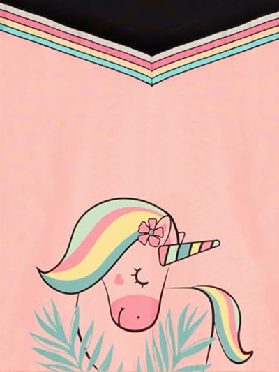 Çiçekli Unicorn Kız Çocuk Somon Siyah Elbise