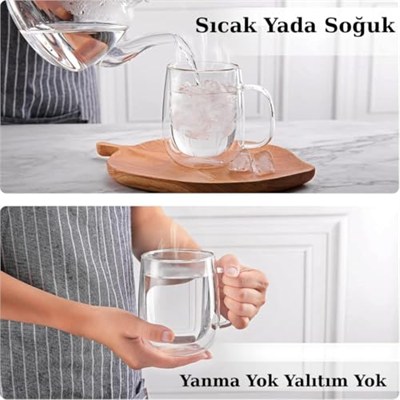 Çift Duvarlı Cam Kahve Kupası 250ml – Isıya Dayanıklı, Mikrodalga & Bulaşık Makinesi Uyumlu, 2’li Şık Set