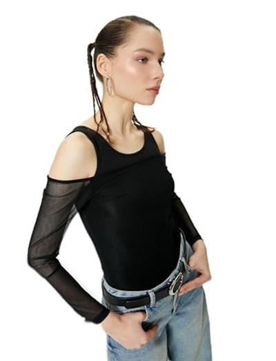 Çift Kumaş Kullanımlı Tül Tişört Uzun Kollu Slim Fit