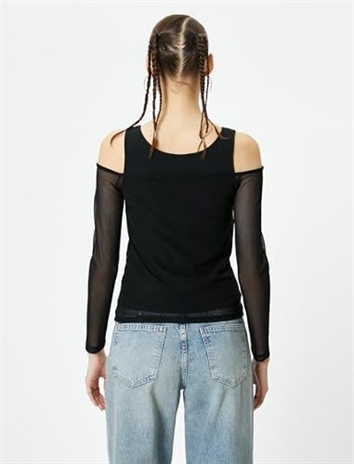 Çift Kumaş Kullanımlı Tül Tişört Uzun Kollu Slim Fit