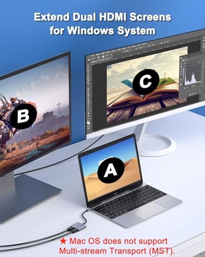 Çift Monitörler için HDMI Adaptörü,USB Cden Çift HDMI Adaptörüne 4K,Tip C - HDMI Çift Monitör,USB C Splitter 2 Monitörler Genişletilmiş Ekran,Tip C HDMI Çoklu Monitörler Dizüstü Bilgisayar