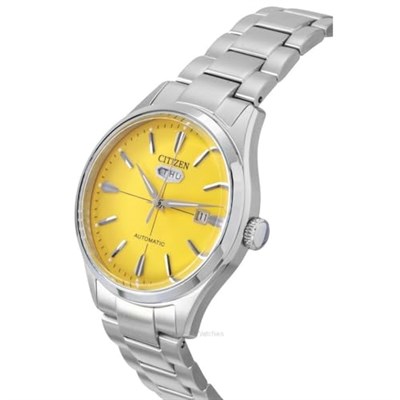 Citizen Erkekler 40.2 mm Otomatik Sarı Kadran Paslanmaz Çelik Analog Saat, gümüş, bileklik