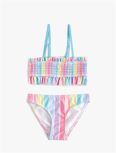 Çizgili Bikini Takımı Fırfırlı İnce Askılı