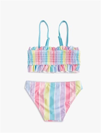 Çizgili Bikini Takımı Fırfırlı İnce Askılı