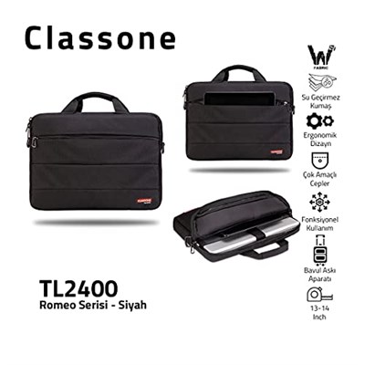 Classone Romeo Serisi TL2400 13-14 inch Uyumlu Su Geçirmez Kumaş,Macbook Notebook,Laptop,El Çantası-