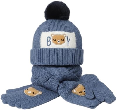 Çocuk Kış Seti, Mavi, Boy Ayıcık Desenli, Ponponlu Bere, Atkı ve Eldiven, 3 Parça