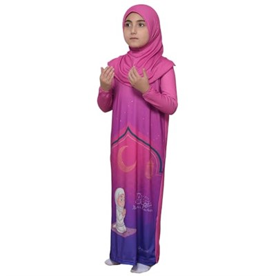 Çocuk Namaz Takımı Pratik Tek Parça Desenli Kollu Tak Çıkar Başörtülü Likralı Tesettür Elbise (6-12 Yaş) 925-0201 - Seçenekler: Yıl;6, Yıl;8, Yıl;10, Yıl;12