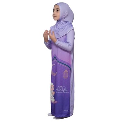 Çocuk Namaz Takımı Pratik Tek Parça Desenli Kollu Tak Çıkar Başörtülü Likralı Tesettür Elbise (6-12 Yaş) 925-0201