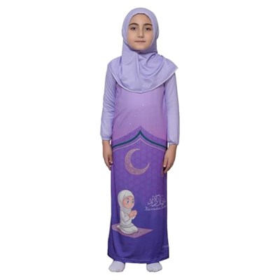 Çocuk Namaz Takımı Pratik Tek Parça Desenli Kollu Tak Çıkar Başörtülü Likralı Tesettür Elbise (6-12 Yaş) 925-0201