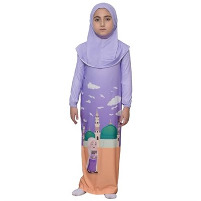 Çocuk Namaz Takımı Pratik Tek Parça Desenli Kollu Tak Çıkar Başörtülü Likralı Tesettür Elbise (6-12 Yaş) 925-0301