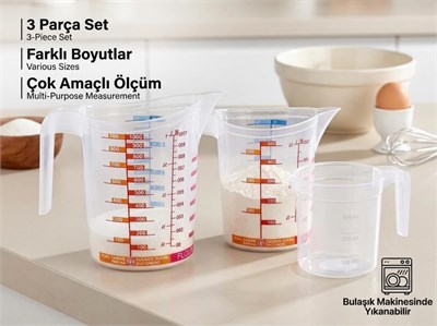 Çok Amaçlı 3lü Dereceli Ölçü Kabı Seti 400ml- 500ml- 1000ml Un, Şeker Sıvı ve Katı Ölçekli Hazne Ergonomik Maşrapa
