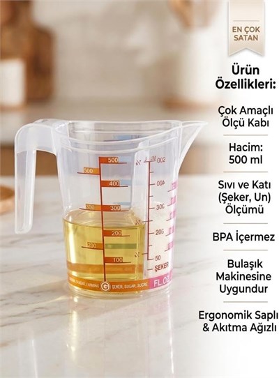 Çok Amaçlı Dereceli Ölçü Kabı 500 ml - Un, Şeker Sıvı ve Katı Ölçekli Hazne Ergonomik Maşrapa