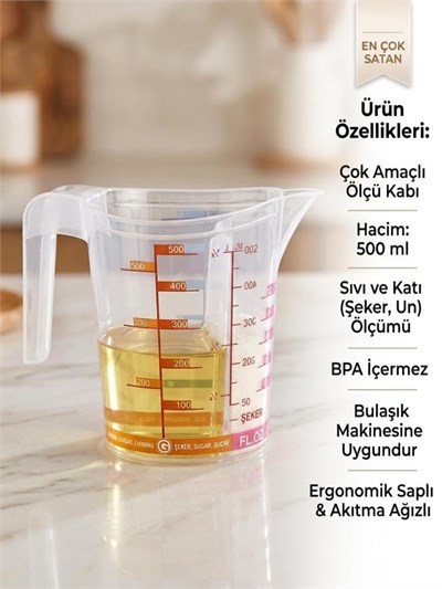 Çok Amaçlı Dereceli Ölçü Kabı 500 ml - Un, Şeker Sıvı ve Katı Ölçekli Hazne Ergonomik Maşrapa