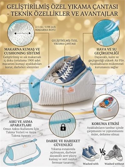 Çok Amaçlı XL Büyük Boy Ayakkabı Yıkama Çantası Yıkama Torbası Fileli-Geliştirilmiş Kalın ve Sık Dokuma Kumaş- Uzun ve Sık İç Makarna - Dayanıklı Yırtılmaz Polyester Kumaş- Yıkamada Açılmayan Fermuar