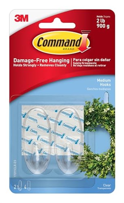 Command 17091CLR Şeffaf Kanca, Şeffaf Yapışkan Şeritli, Orta Boy