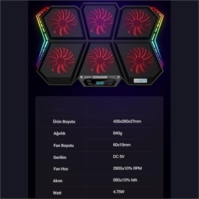 Coofbe Led Işıklı Ayarlanabilir 7 Kademeli Stand 6 Fanlı Göstergeli Notebook Laptop Soğutucu Turbo Fan