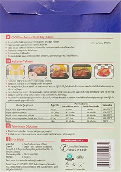 Cook Fırın Torbası, Hindi Boy, 45 x 50 cm, 2 Yaprak, Polyester Telli - Seçenekler: Büyük 2li paket, Büyük