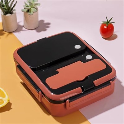 Cooker 1392-2 Çelik Hazneli 3 Bölmeli Beslenme Kutusu Lunchbox Sefer Tası - Turuncu
