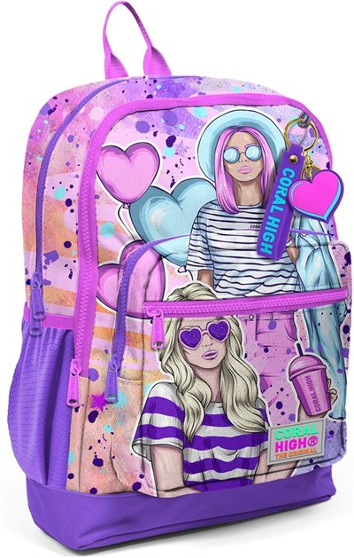 Coral High Dört Bölmeli Pembe Mor Fashion Girl Desenli İlkokul Sırt Çantası - Kız Çocuk