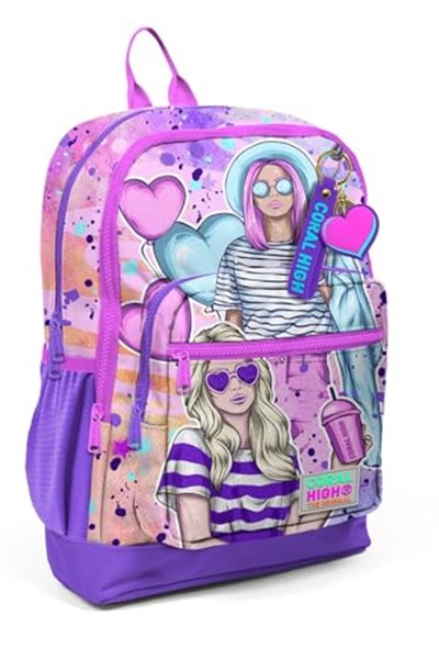 Coral High Dört Bölmeli Pembe Mor Fashion Girl Desenli İlkokul Sırt Çantası - Kız Çocuk