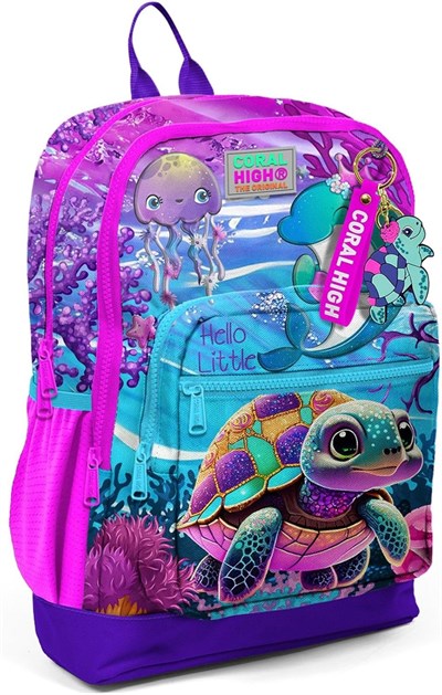 Coral High Dört Bölmeli Pembe Mor Kaplumbağa Desenli İlkokul Sırt Çantası - Kız Çocuk