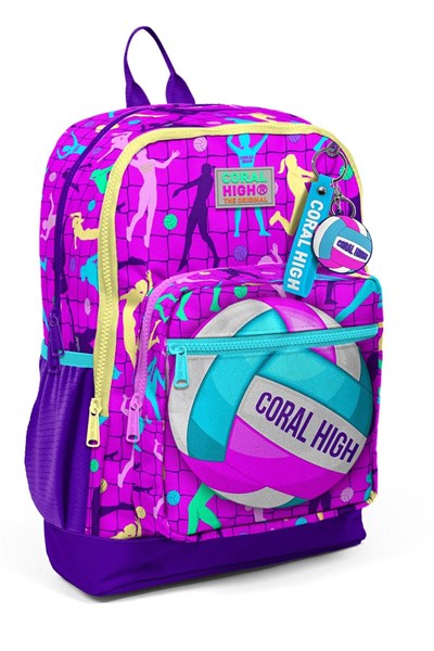 Coral High Dört Bölmeli Pembe Mor Voleybol Desenli İlkokul Sırt Çantası - Kız Çocuk