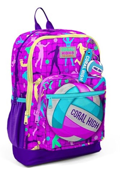 Coral High Dört Bölmeli Pembe Mor Voleybol Desenli İlkokul Sırt Çantası - Kız Çocuk