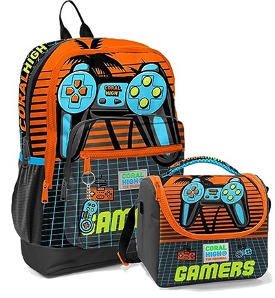 Coral High Erkek Çocuk İlkokul Okul Sırt Çantası ve Beslenme Çanta Seti - Turuncu Gamers