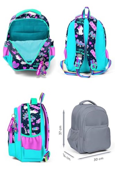 Coral High İlkokul Sırt Çantası ve Kalemlik Seti Kız Çocuk Lacivert Pembe Kedili Polyester Fermuarlı