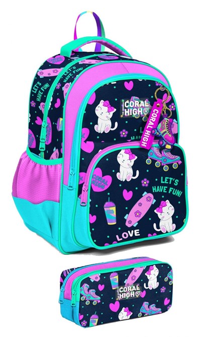 Coral High İlkokul Sırt Çantası ve Kalemlik Seti Kız Çocuk Lacivert Pembe Kedili Polyester Fermuarlı