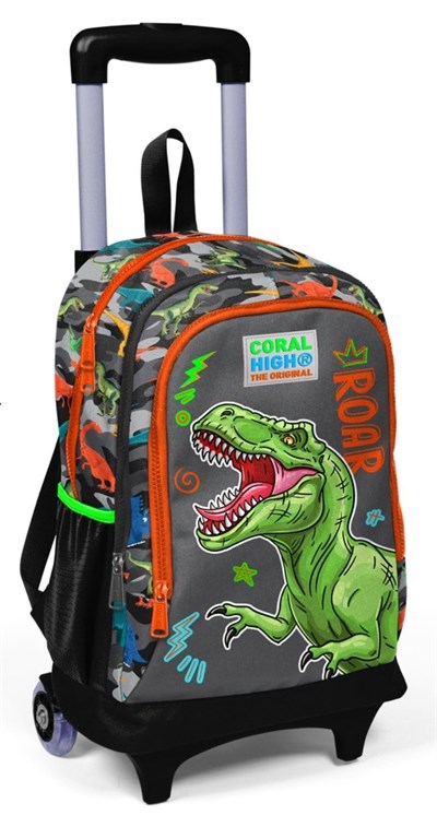 Coral High Işıklı Tekerlekli Dinazor Kamuflaj Çekçek Okul ve Seyahat Çantası Erkek Çocuk Gri