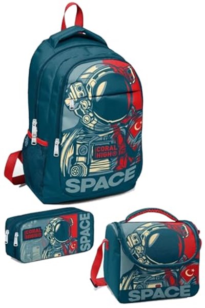 Coral High Kids Çivit Kırmızı Astronot Desenli 3lü Okul Çanta Seti - Erkek Çocuk İlkokul Çanta Takımı Sırt Çantası