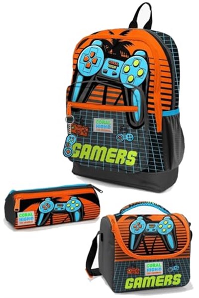 Coral High Kids Gri Turuncu Gamer Desenli 3’lü Okul Çanta Seti - Erkek Çocuk
